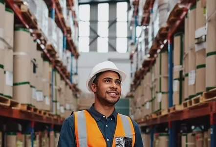 Warehouse worker in a hard hat and hi-vis vest walking through an industrial storage facility